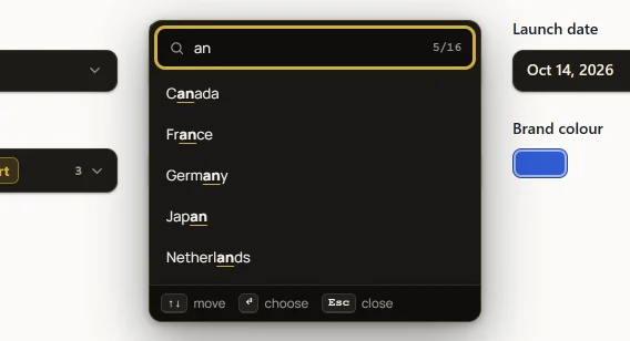 Auric Artisan's searchable dropdown filtering a country list on a web page's form.