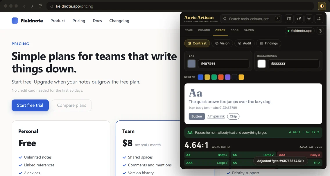The redesigned Contrast workspace showing WCAG and APCA results for a text and background pair.