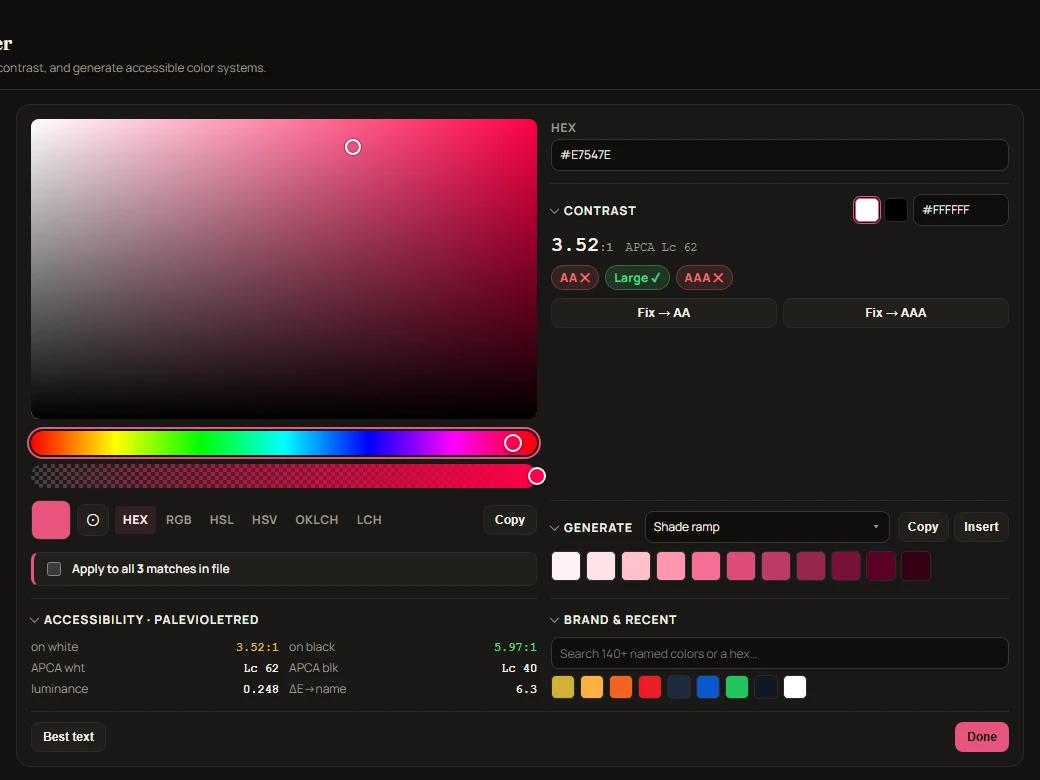 The Auric Color picker: a saturation field and hue slider, WCAG and APCA contrast readouts with Fix to AA buttons, and a generated shade ramp