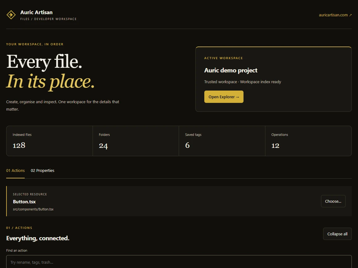 The Auric File System workspace: counts of indexed files, folders, saved tags and operations above a searchable list of Create actions
