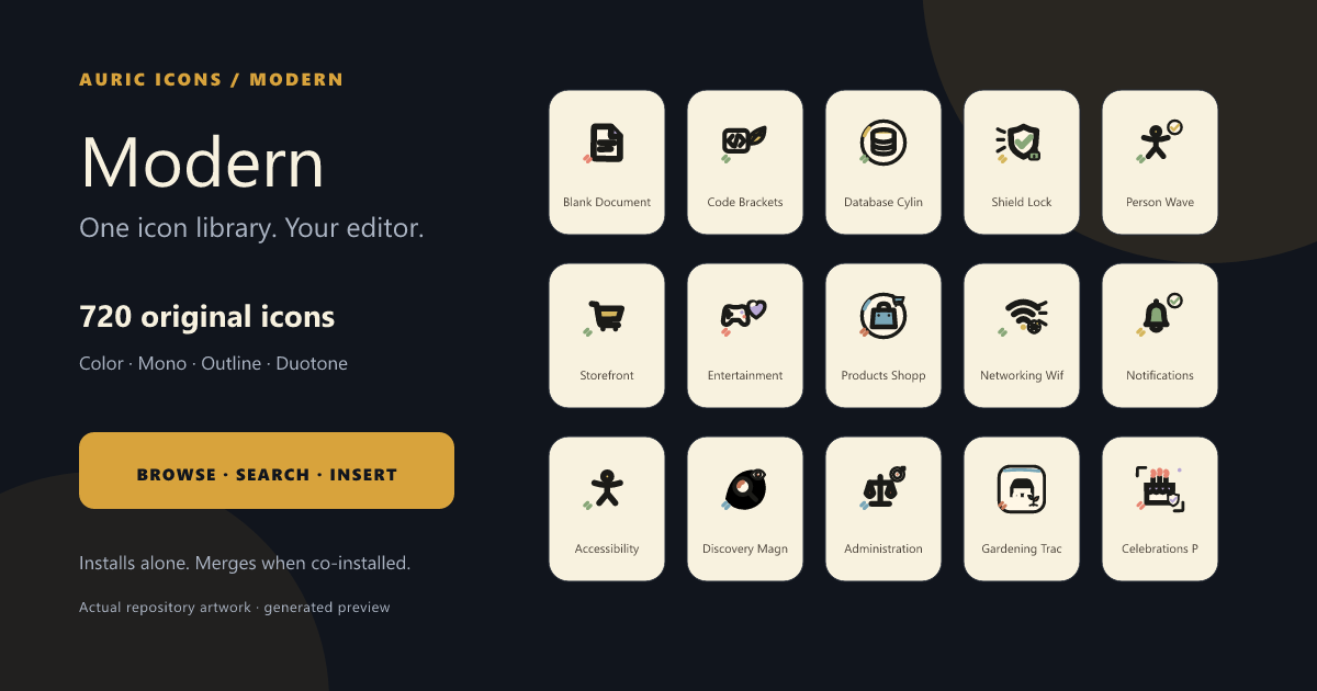 Auric Icons: Modern — a grid of geometric modern icons beside the VS Code file explorer