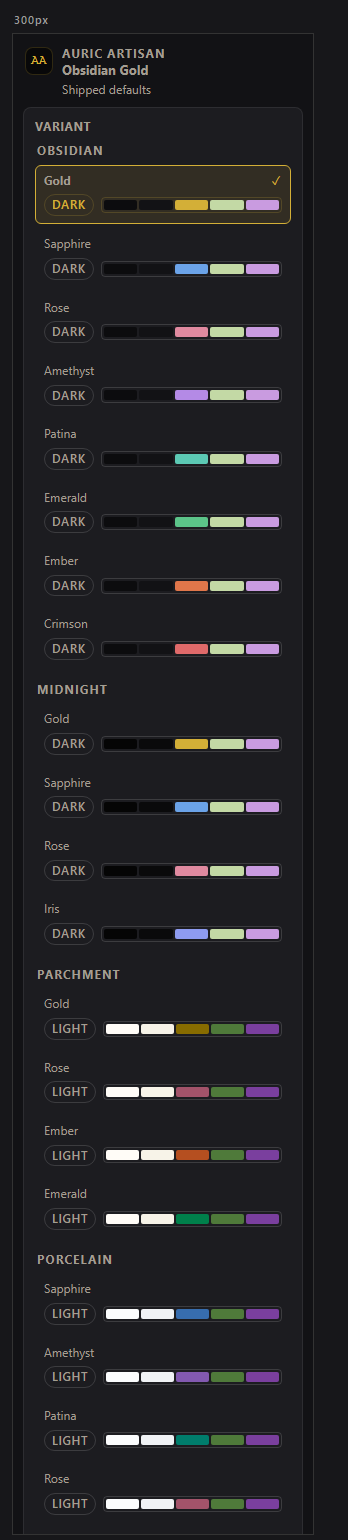 The Auric Theme sidebar showing variant groups, an accent swatch grid, a look picker and a contrast readout