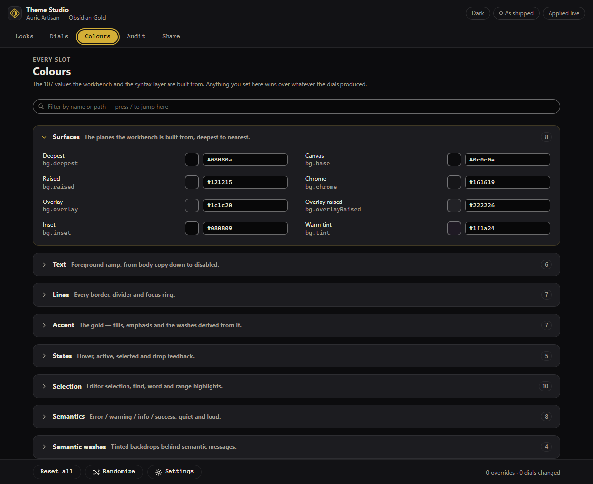 The Colours tab of the Auric Theme Studio listing grouped, searchable colour slots