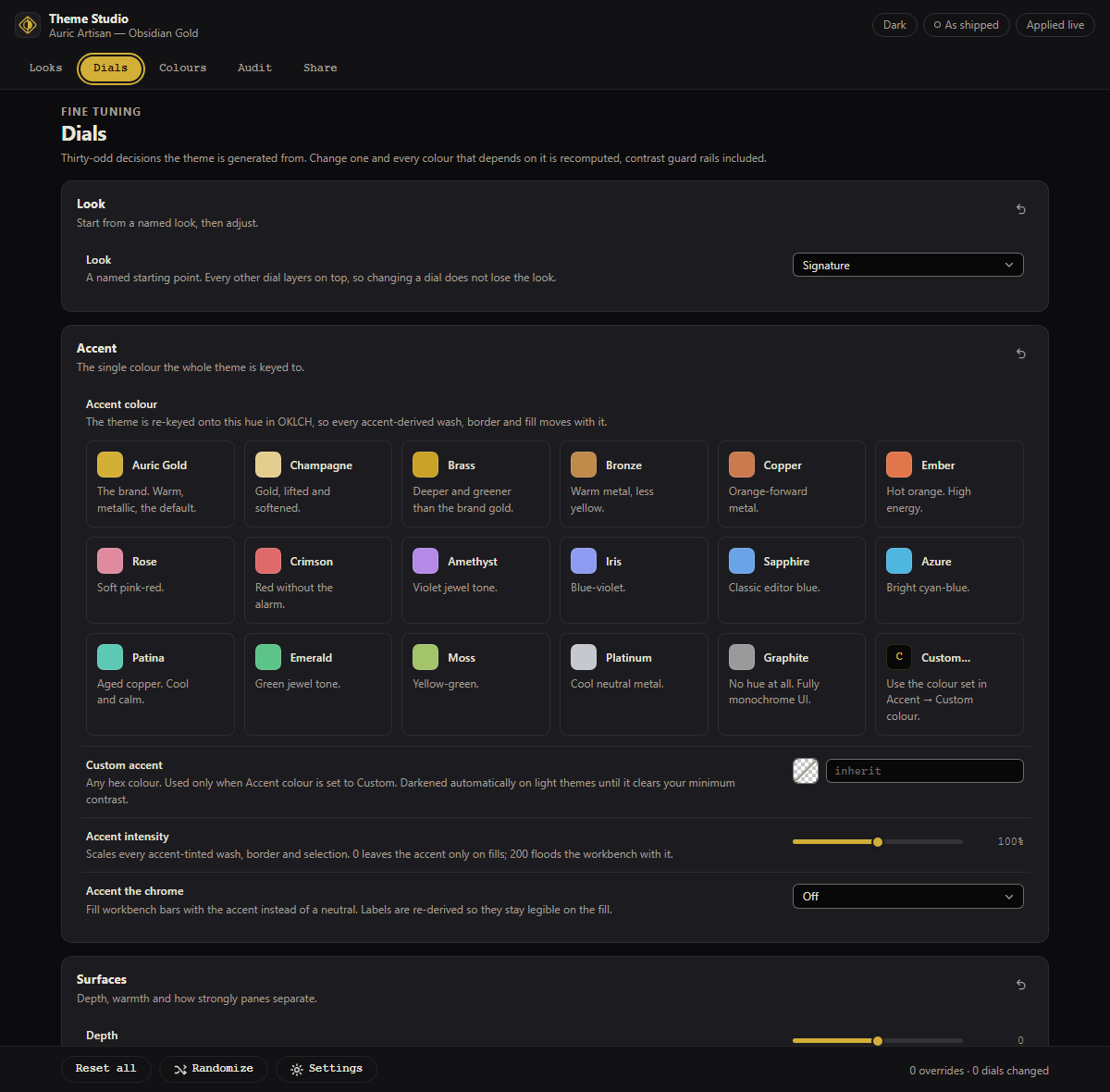 The Dials tab of the Auric Theme Studio, showing grouped sliders for surfaces, text, syntax and controls