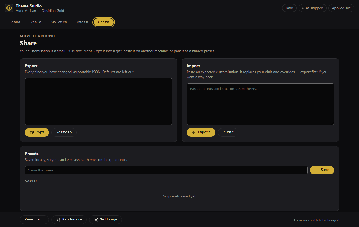 The Share tab of the Auric Theme Studio with preset and export actions
