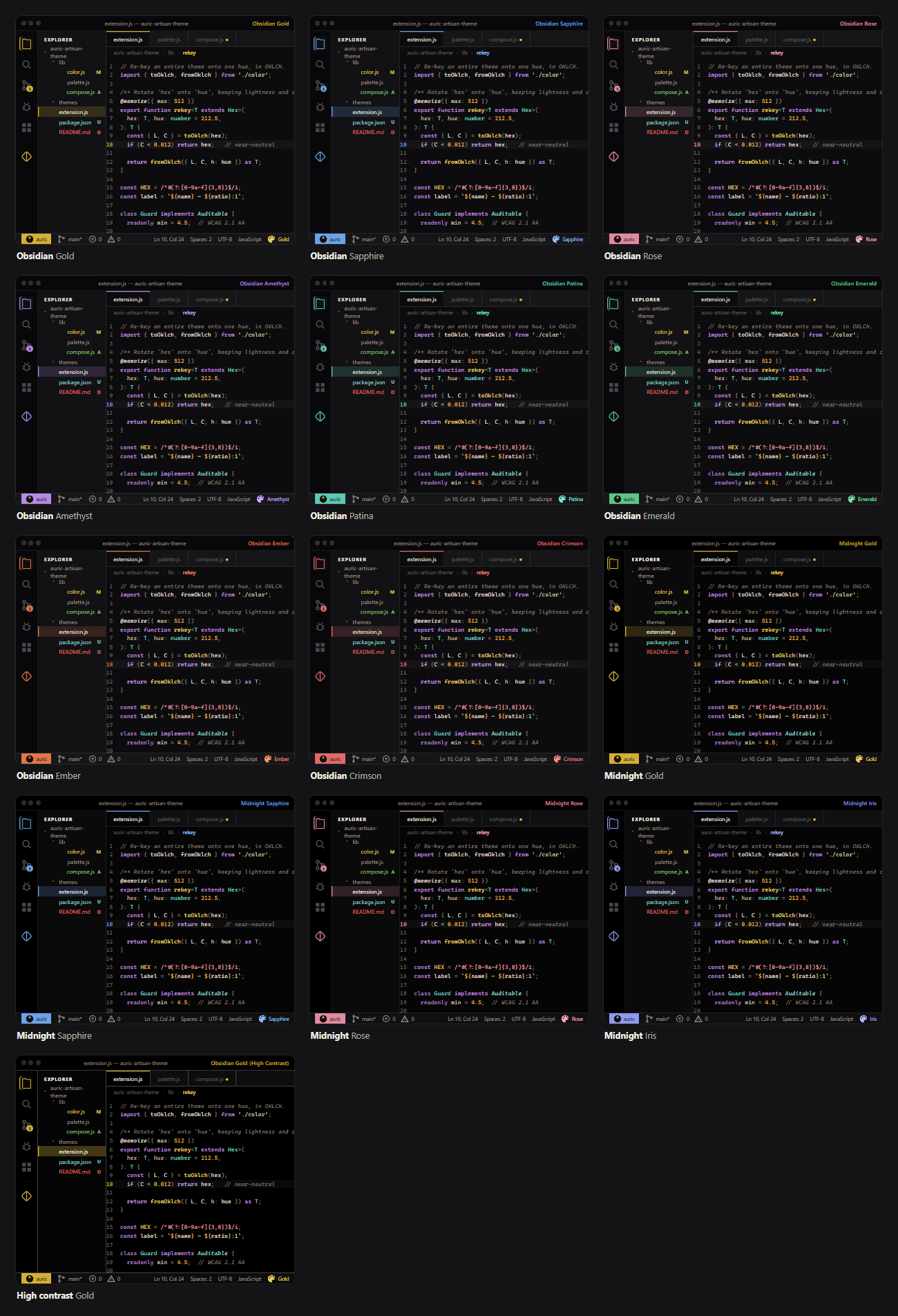 Contact sheet of thirteen dark Auric Artisan theme variants from Obsidian, Midnight and high contrast