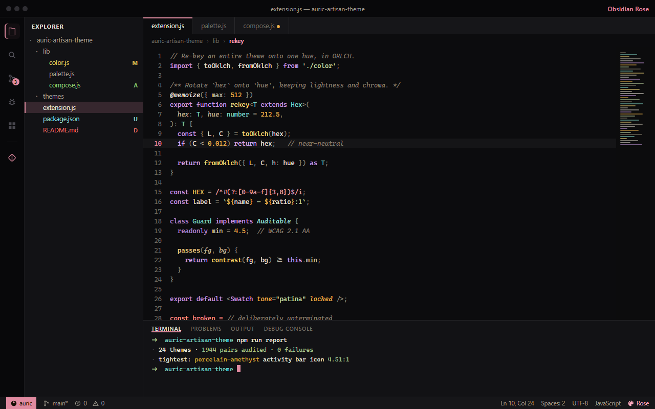 VS Code in the Obsidian Rose theme