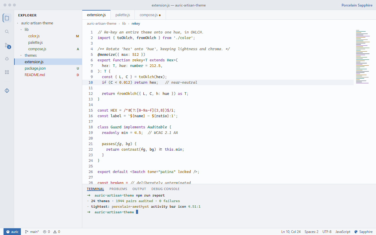 VS Code in the Porcelain Sapphire theme